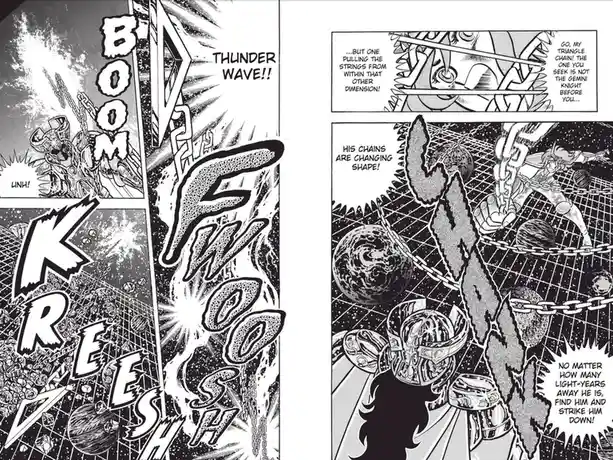 A black-and-white manga panel from 'Saint Seiya' shows a warrior in armor unleashing a powerful attack called 'Thunder Wave'…
