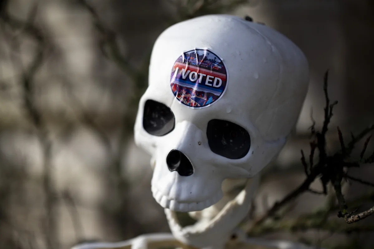 A plastic skeleton head with a weathered 'I VOTED' sticker stuck to its forehead, set against a blurred natural background…