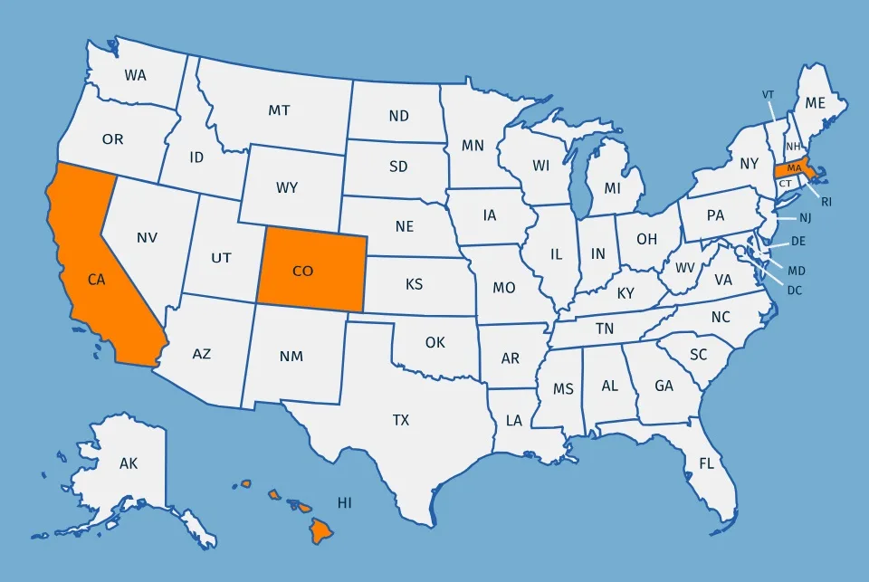 A map of the united states with california, colorado, and massachusetts highlighted in orange while all other states are…