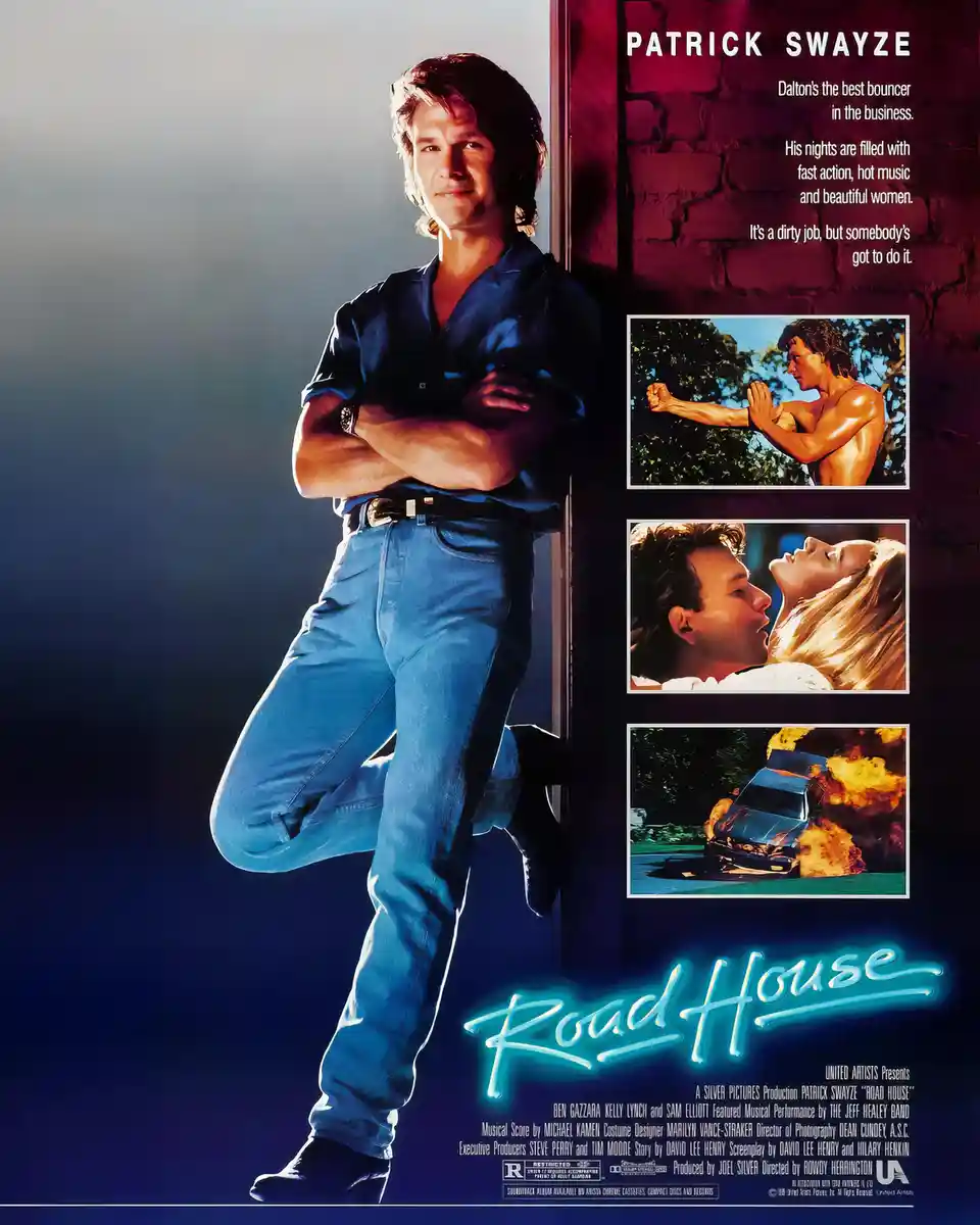 This is a movie poster for 'Road House' featuring actor Patrick Swayze leaning against a door in a blue shirt and jeans. The…