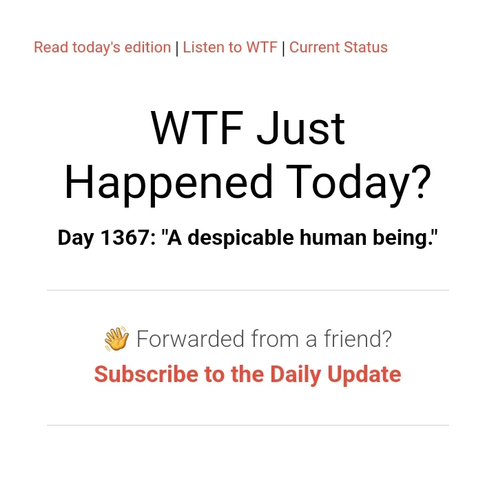 The image displays a screenshot of a 'WTF Just Happened Today?' newsletter header, showing 'Day 1367: "A despicable human…