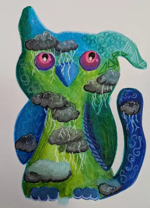 A colorful, stylized painting of a cat-like creature with green and blue fur, large pink eyes, and numerous small gray…