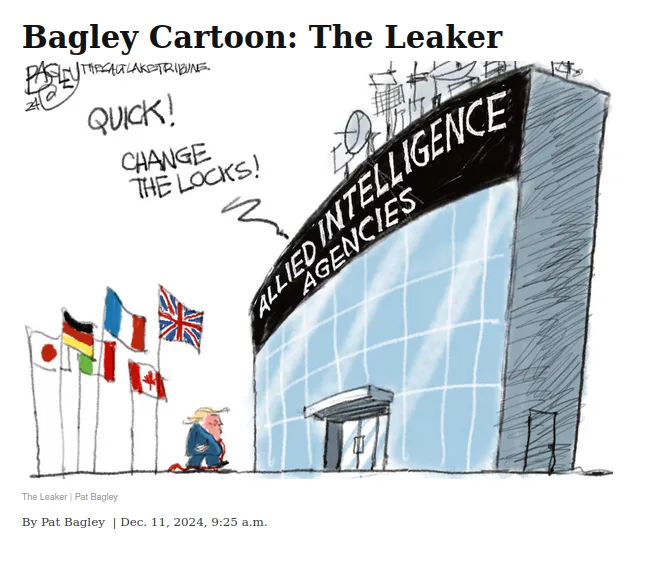 A cartoon depicts a caricature of Donald Trump kneeling before a large building labeled 'ALLIED INTELLIGENCE AGENCIES', with…