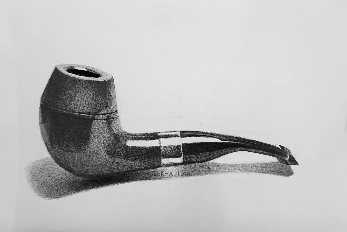 A realistic pencil drawing of a smoking pipe lying horizontally on a plain surface, with a watermark reading…