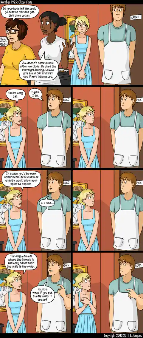 A comic strip titled 'Number 1925: Okapi Facts' shows a conversation between a woman and a man in aprons in a bakery. The…