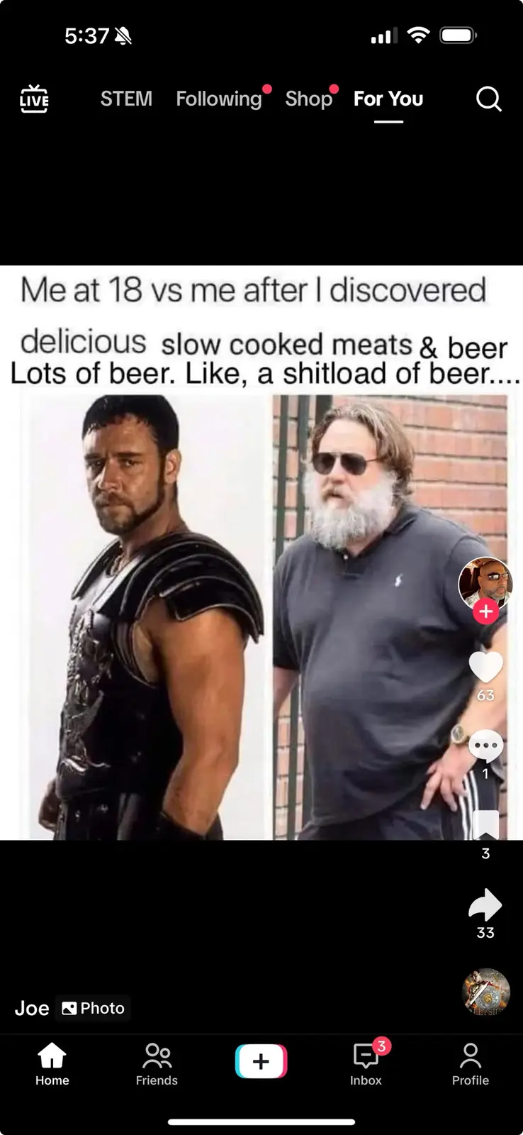 The image shows a side-by-side comparison: on the left, a fit, young man in black armor resembling a gladiator; on the…