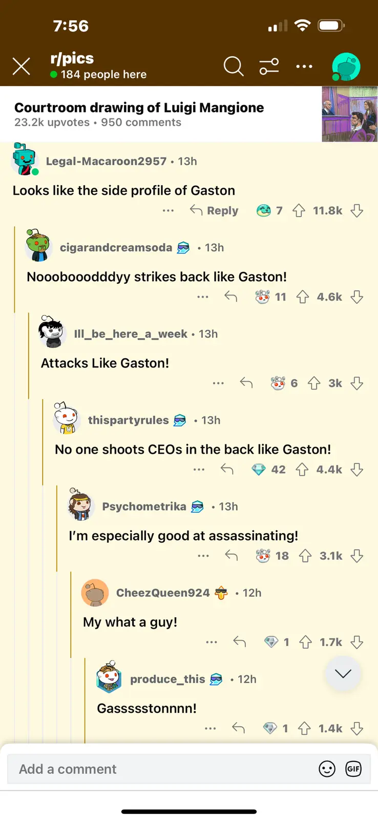 A screenshot of a Reddit thread in r/pics shows a drawing of Luigi Mangione in court, with users jokingly comparing his…