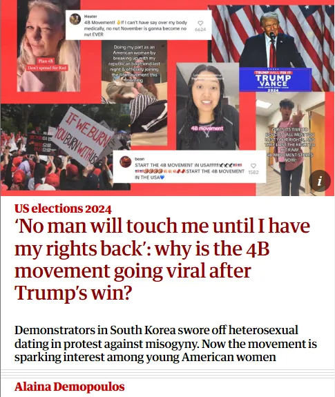 A collage of social media posts and images showing young women in the '4B Movement' (Breakup, Bounce, Burn, Bounce) holding…