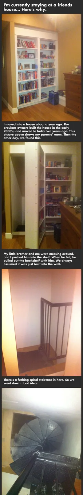 The meme shows a sequence of images revealing a hidden spiral staircase behind a bookshelf in a bedroom. The first image…