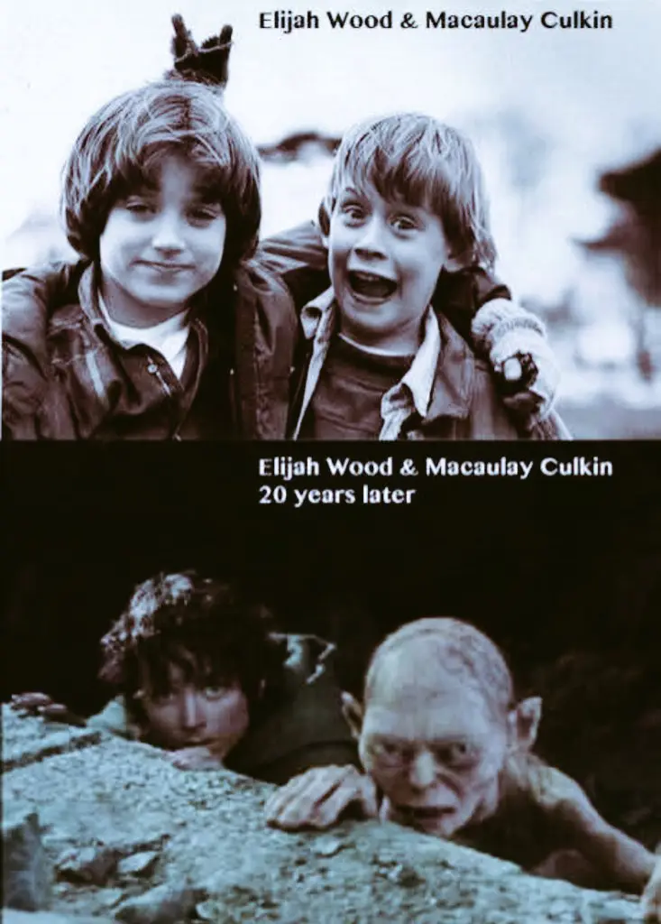 The image is split into two panels. The top panel shows two young boys, Elijah Wood and Macaulay Culkin, smiling and posing…