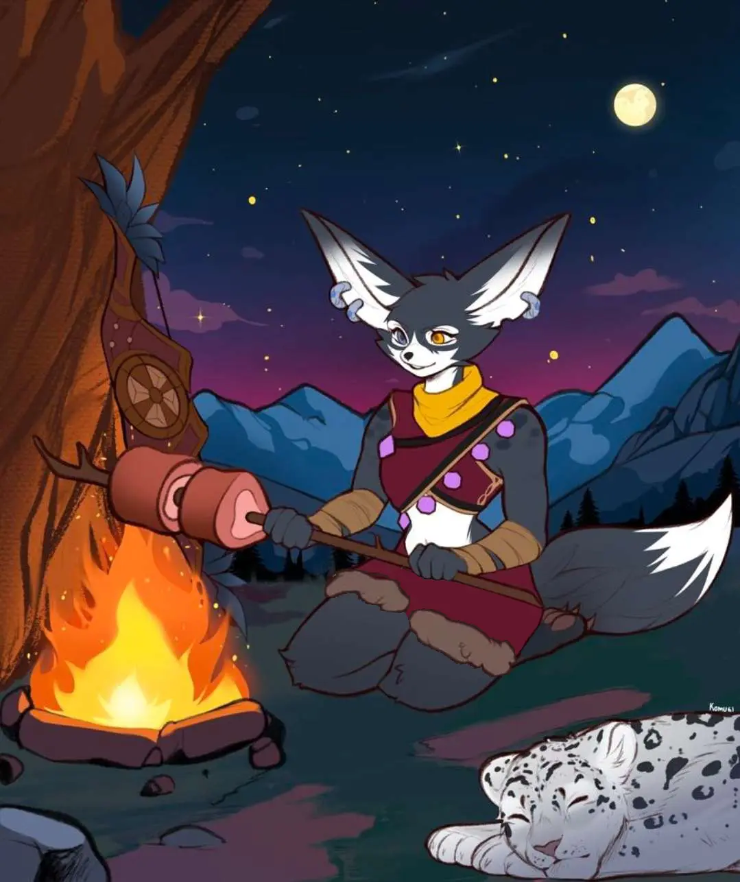 An anthropomorphic fennec fox sits by a campfire at night roasting a sausage on a stick, wearing a red and purple outfit…