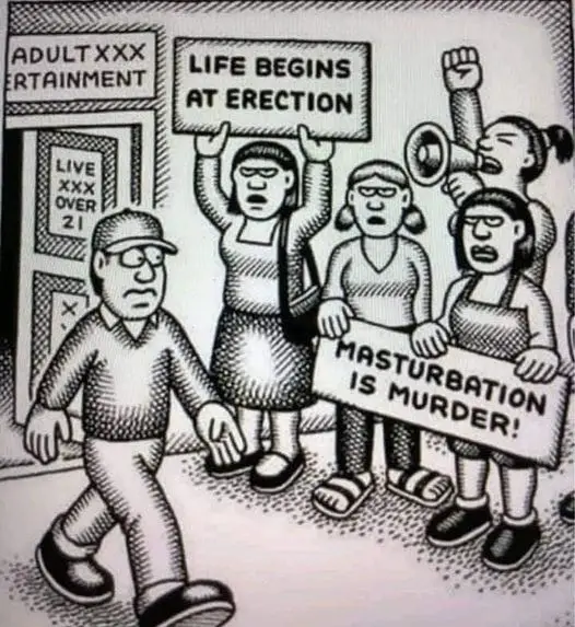 A black-and-white cartoon depicts a man walking past a building labeled 'ADULT XXX ENTERTAINMENT' with a 'LIVE XXX OVER 21'…