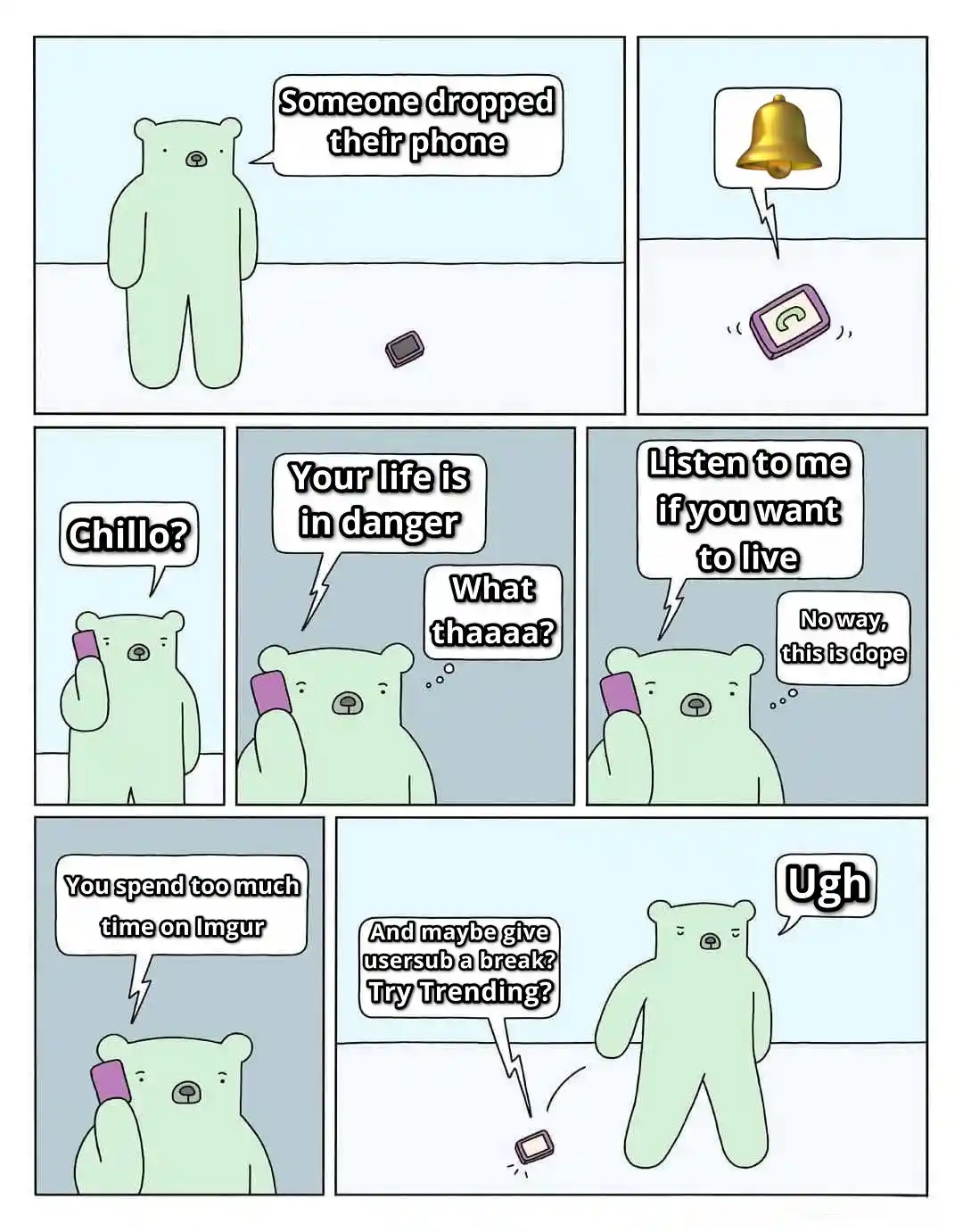 A comic strip featuring a light green bear who finds a dropped phone. The bear answers the call, initially skeptical, then…