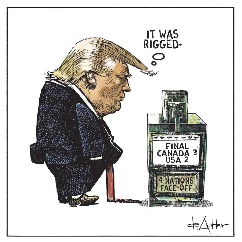 A cartoon depicts a caricature of Donald Trump, shown in profile, looking down at a scoreboard that reads 'FINAL CANADA 3…