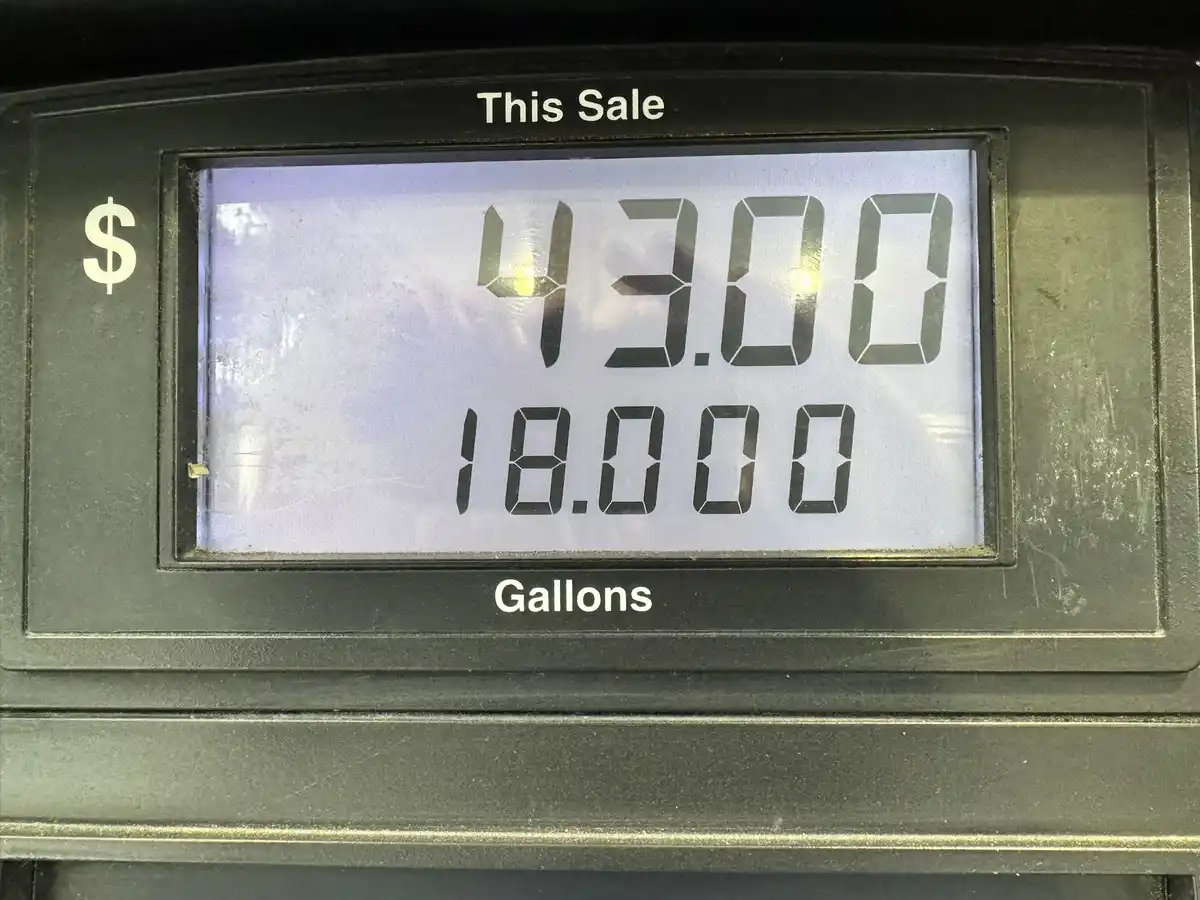A close-up of a gas pump display showing a sale amount of $43.00 and 18.000 gallons. The text 'This Sale' is above the…