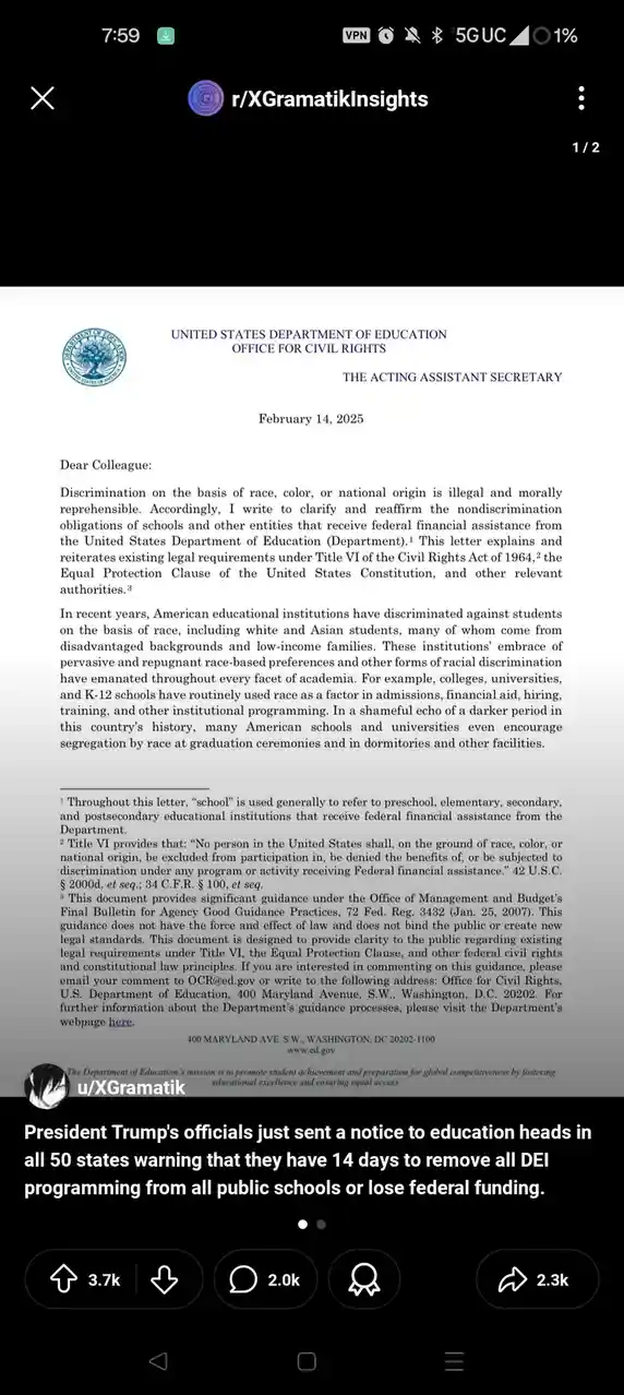 The image displays a formal letter from the United States Department of Education's Office for Civil Rights, dated February…