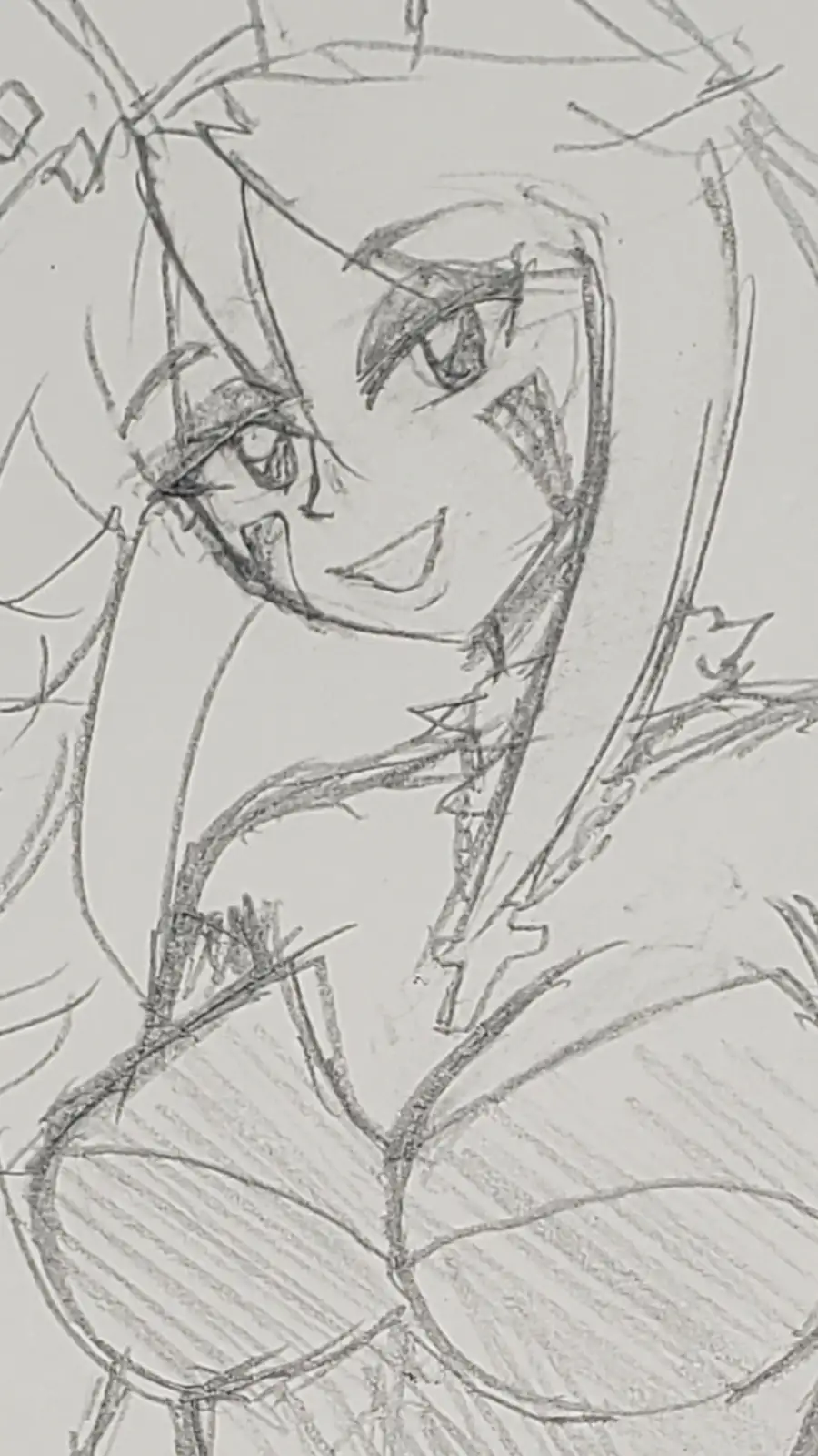 A rough pencil sketch of an anime-style female character with large eyes and a smile, showing unfinished lines and shading…