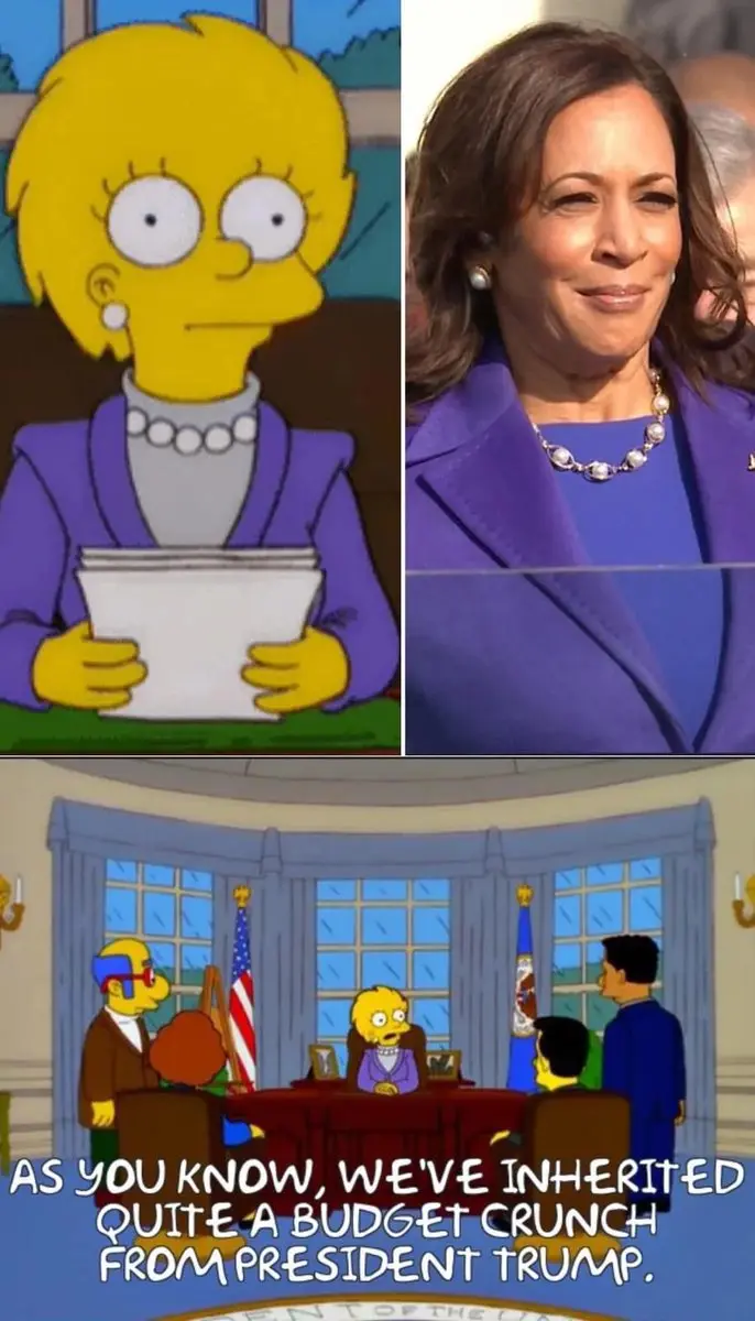 The image is a split-panel meme. The top half shows a side-by-side comparison: on the left, the animated character Lisa…