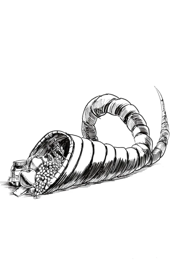 a black-and-white line drawing shows a large, curved horn overflowing with various food items like grapes, apples, and a…