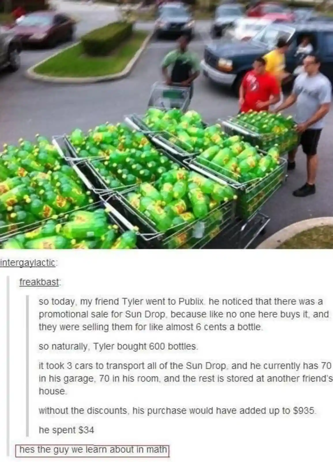 The image shows several people pushing shopping carts overflowing with green plastic bottles of Sun Drop soda in a parking…