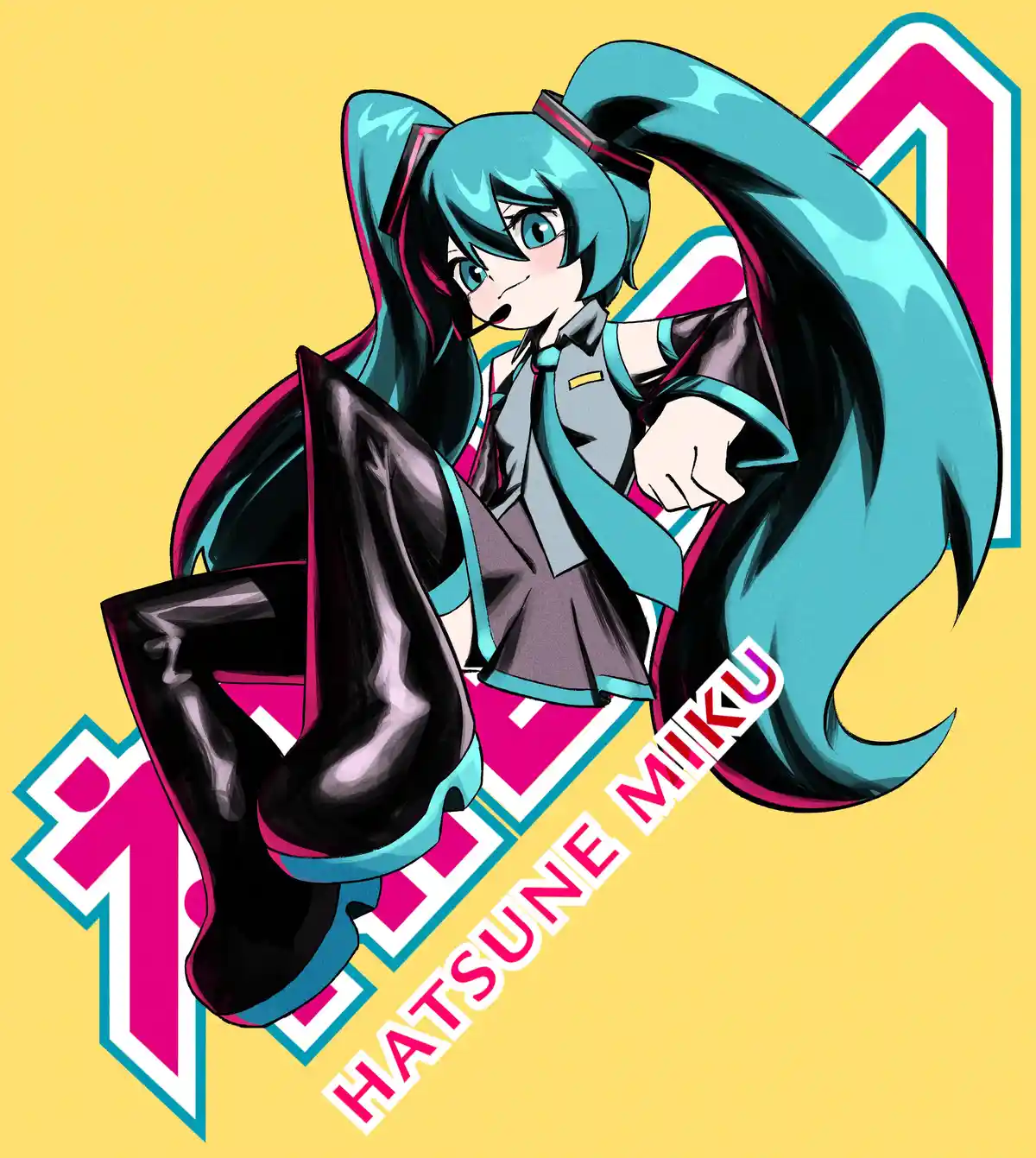 An anime-style illustration of Hatsune Miku, a virtual singer with turquoise twin-tails and a microphone, wearing a school…