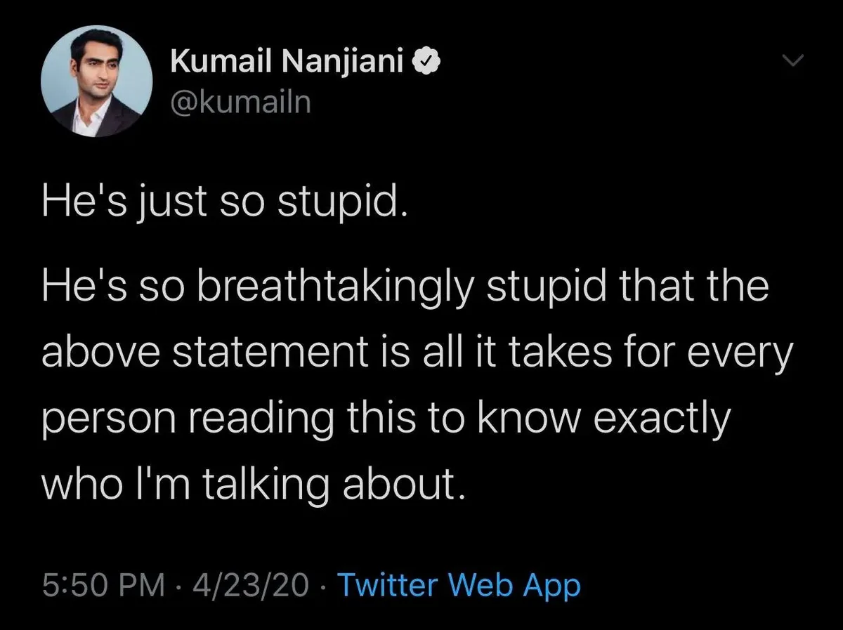 A screenshot of a tweet by Kumail Nanjiani showing his profile picture and handle, with white text on a black background…