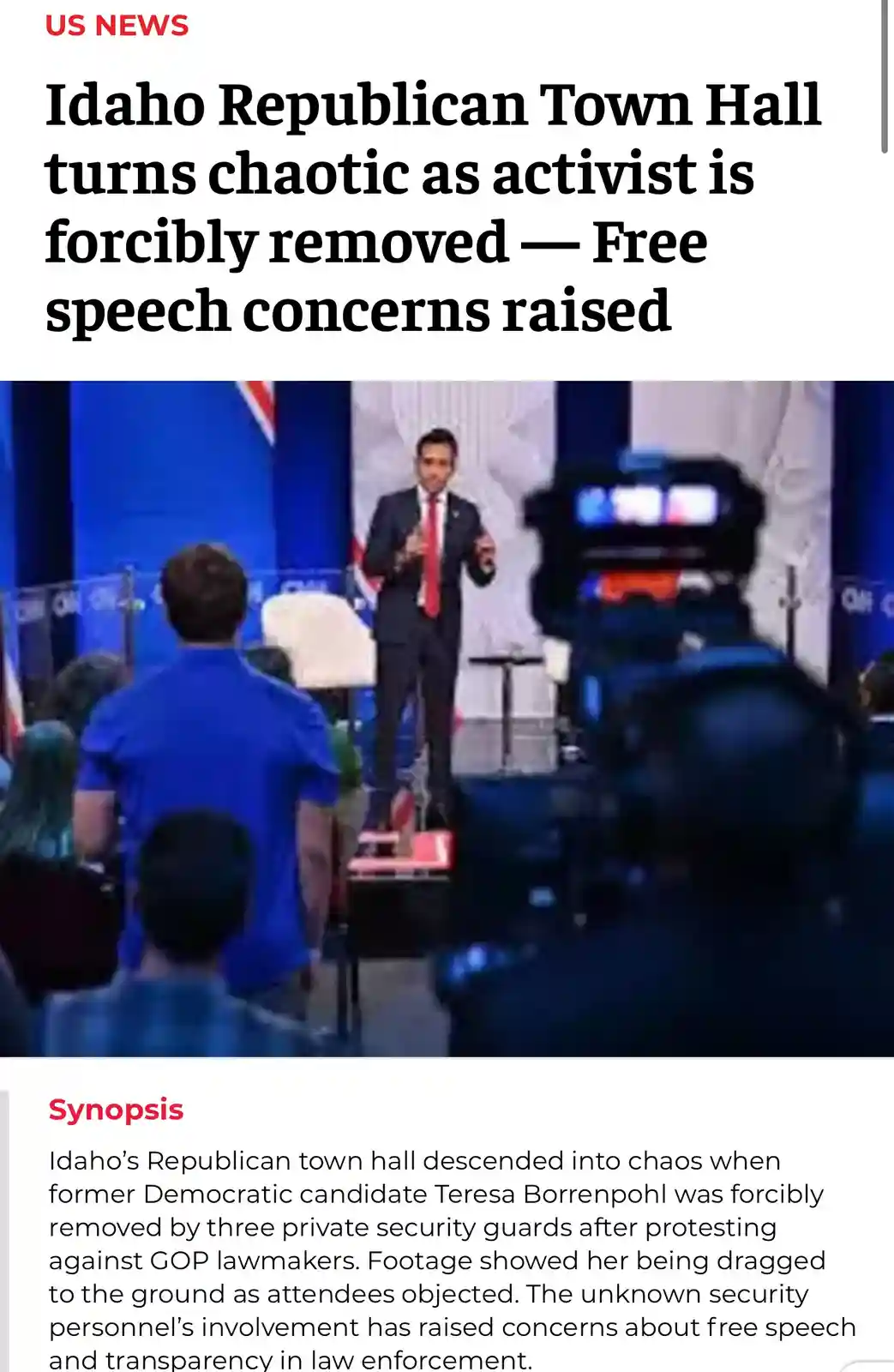A news article screenshot shows a headline about a chaotic Idaho Republican town hall where an activist was forcibly…