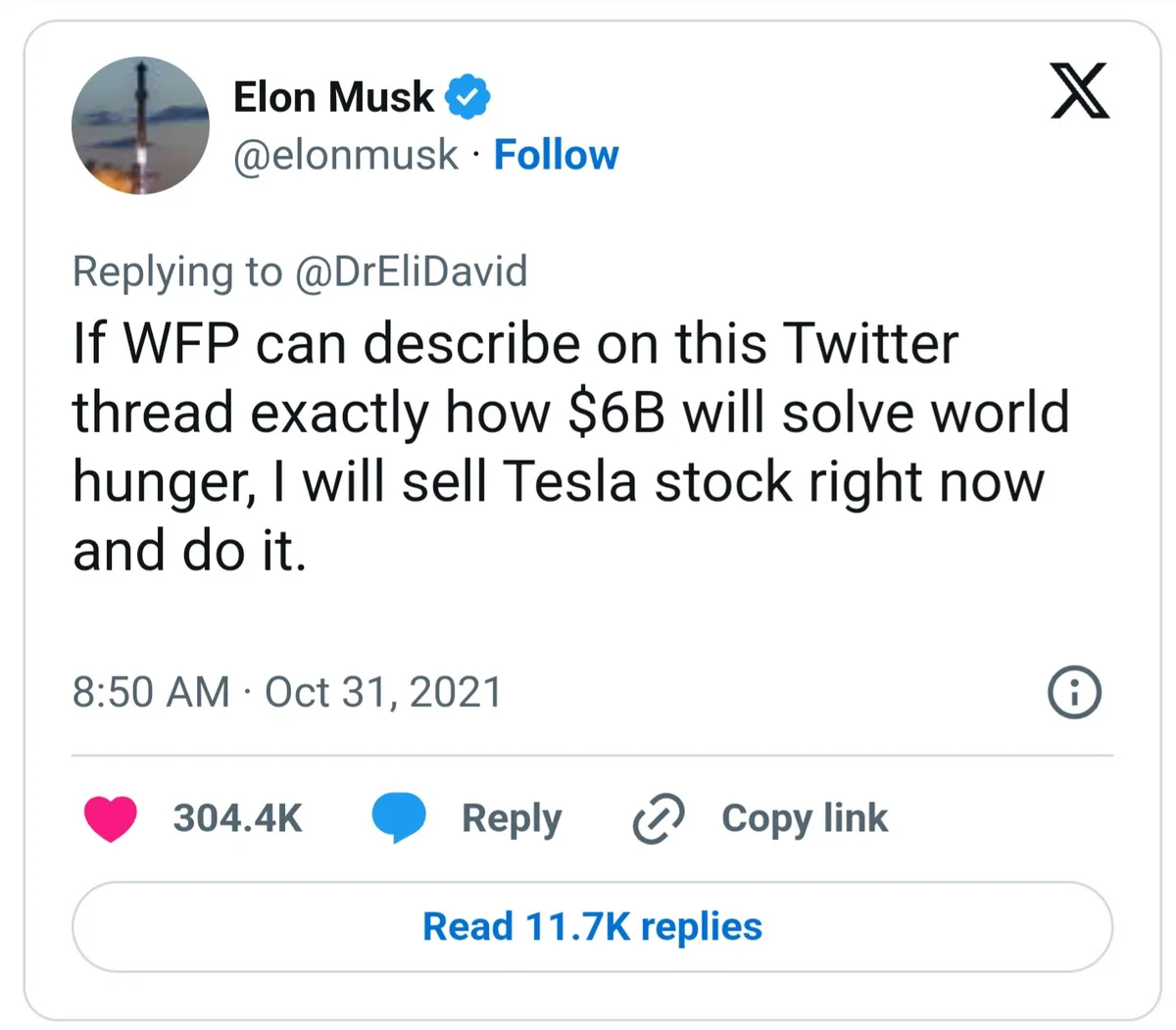 A screenshot of a tweet from Elon Musk's verified X account, dated October 31, 2021, replying to @DrEliDavid. The tweet…