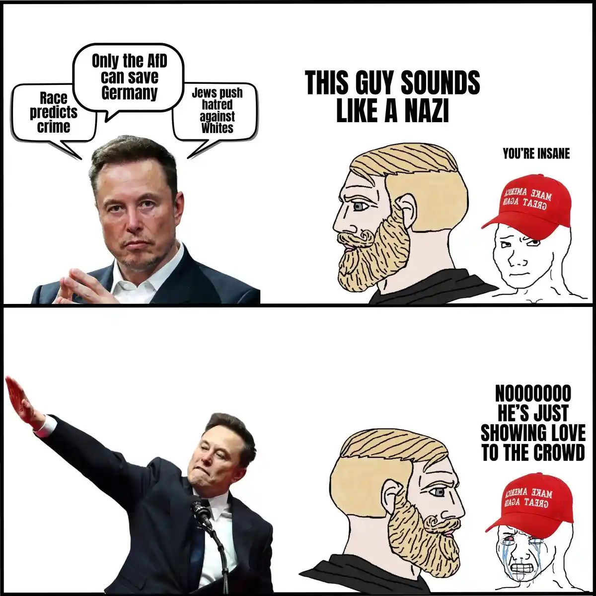 The meme shows Elon Musk in two panels: first, with speech bubbles containing racist and antisemitic statements like 'Only…
