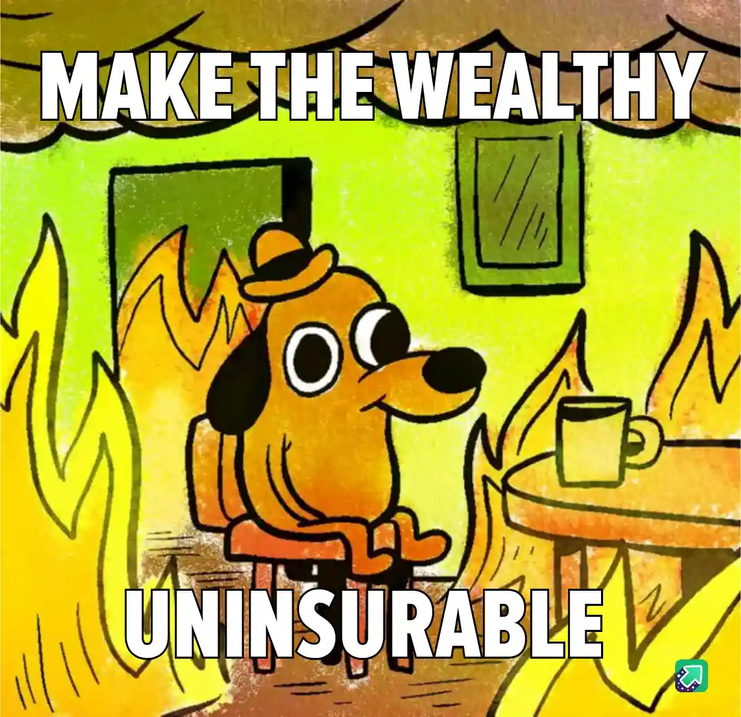 A cartoon dog wearing a hat sits calmly in a room engulfed in flames, with a mug on a table beside it. The text overlaid in…