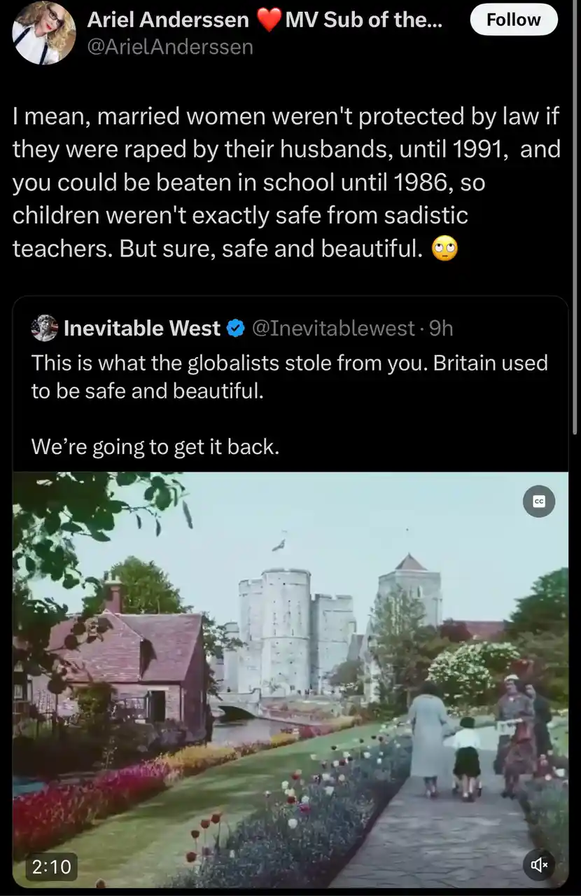 A screenshot of a social media thread shows a user pointing out historical injustices in Britain, like marital rape laws and…