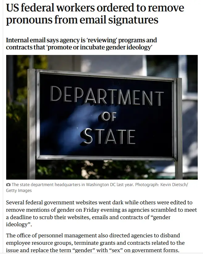 A news article screenshot shows a photo of the Department of State sign, with the headline 'US federal workers ordered to…