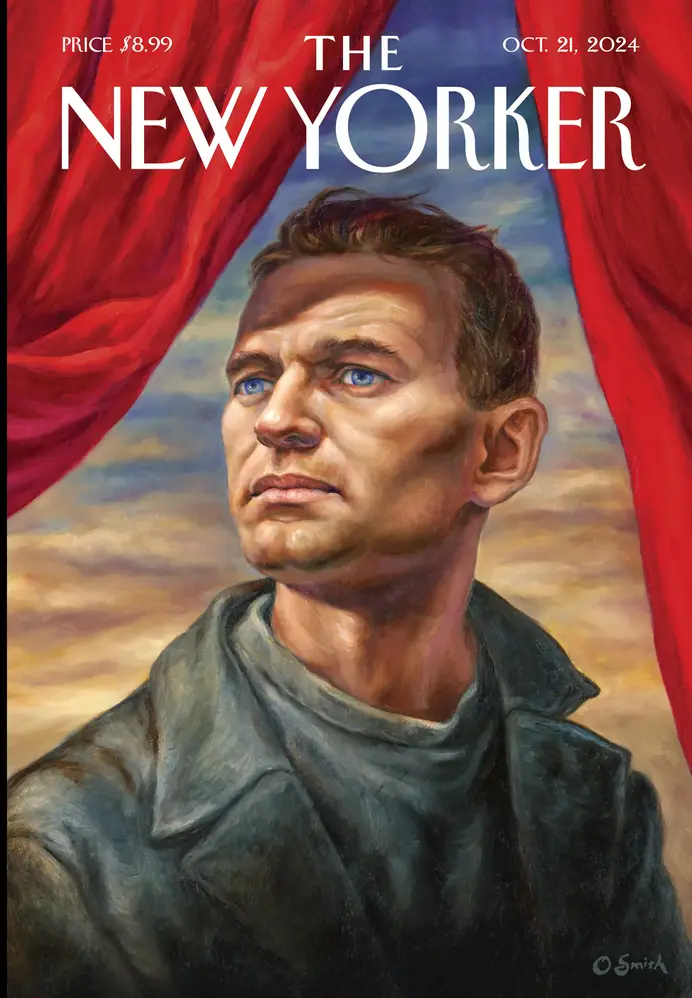 The image is a painted magazine cover of The New Yorker dated October 21, 2024, priced at $8.99, featuring a portrait of a…