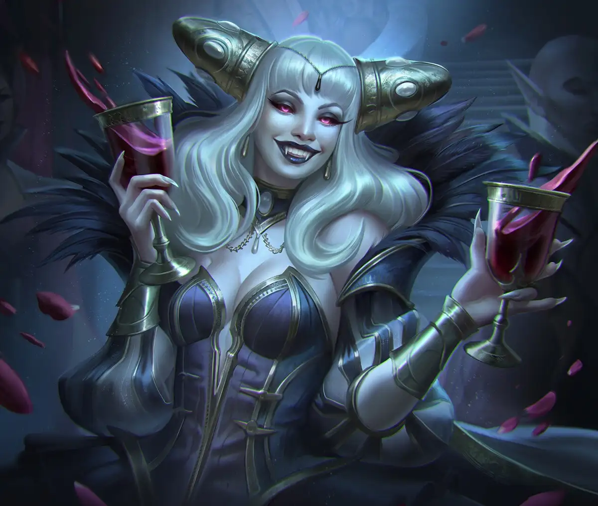 A fantasy illustration of a woman with long white hair, metallic horns, and dark armor, holding two goblets of red liquid…
