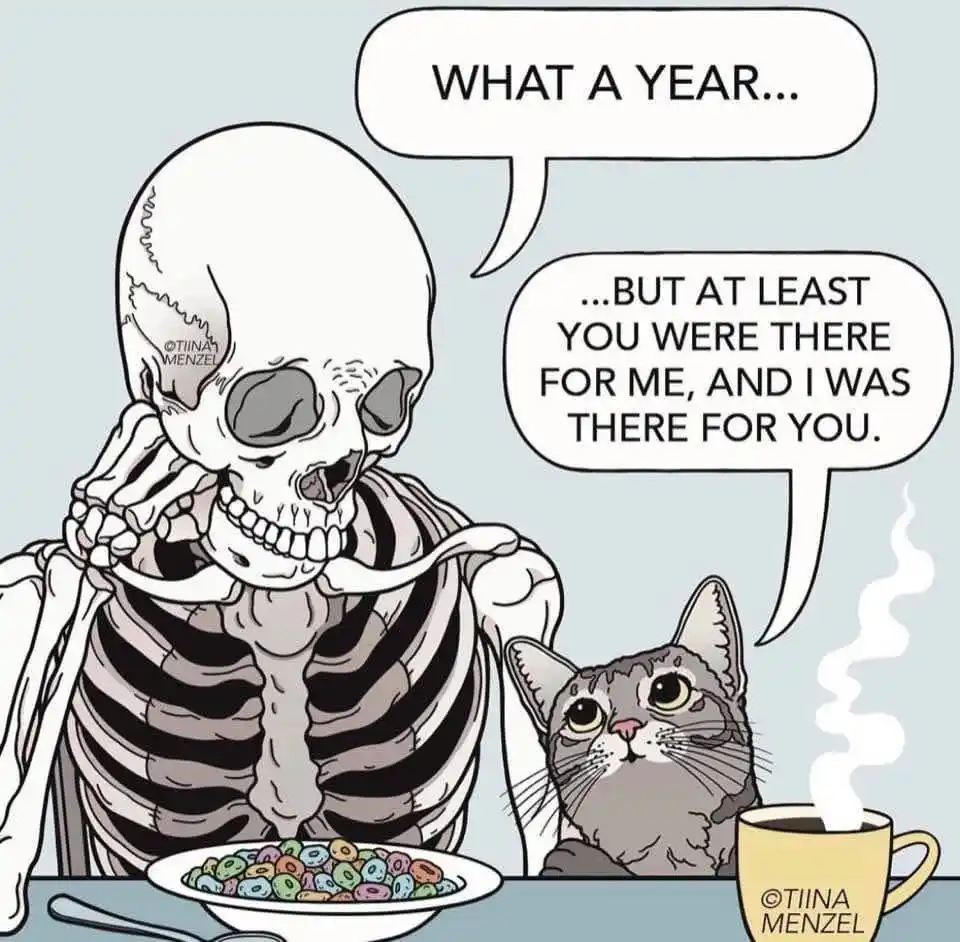 A cartoon skeleton sits at a table eating colorful cereal, looking pensive with one hand on its chin. Beside it, a gray…