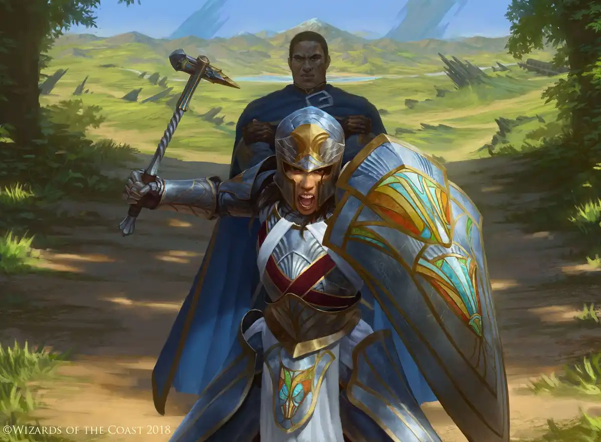 A fantasy illustration shows a knight in ornate silver and gold armor, holding a hammer and shield, with a stern-faced man…