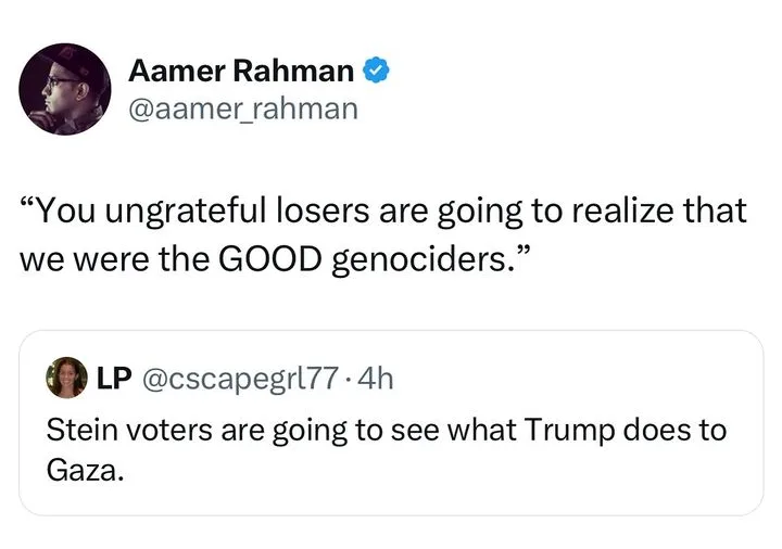 A screenshot of a Twitter thread shows a verified tweet from Aamer Rahman quoting a fictional or sarcastic statement about…