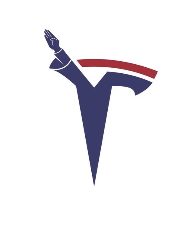The image shows the stylized Tesla logo, which is shaped like the letter 'T' and features a hand waving from the top left…