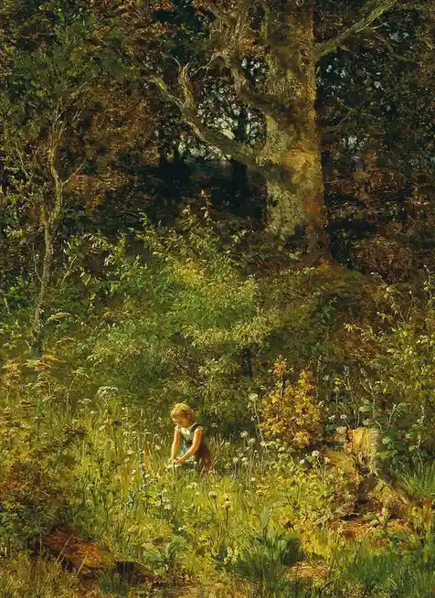 A vintage painting depicts a young girl in a sunlit meadow, bending over to pick flowers among tall grass and wildflowers…