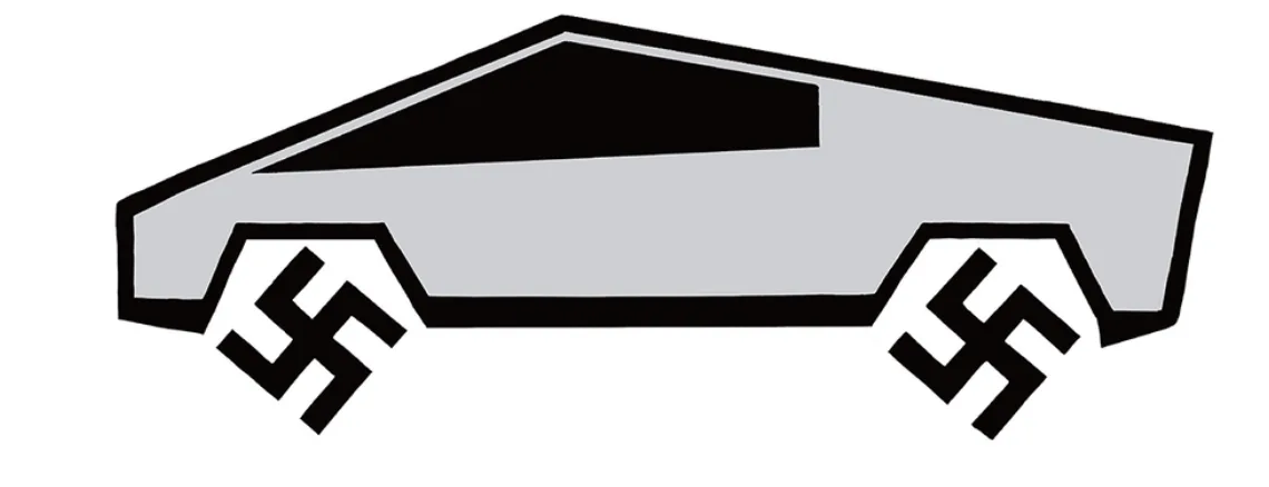 A minimalist cartoon drawing of a silver car with black outlines, featuring swastikas on both front wheels instead of tires…