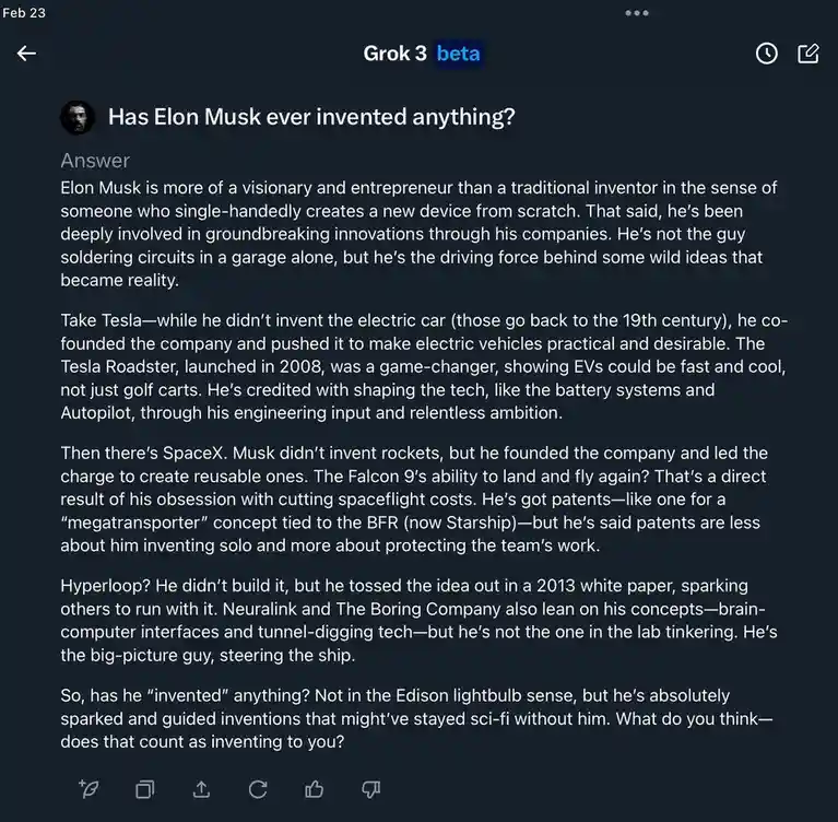 A screenshot of a Grok 3 beta AI chat interface answering the question 'Has Elon Musk ever invented anything?' The response…