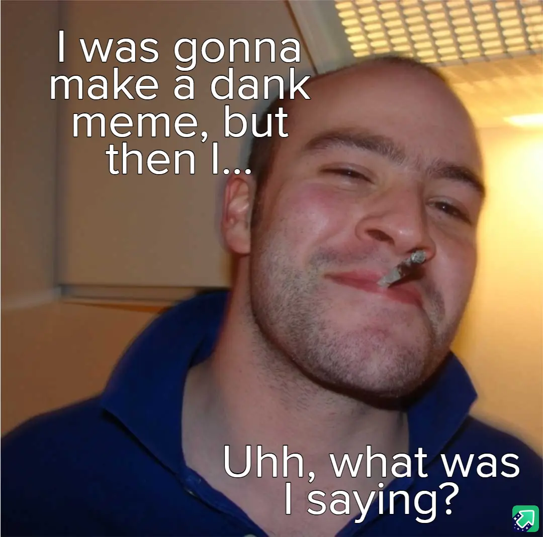 A man with a cigarette in his nose and a confused, slightly dazed expression looks at the camera. White text overlaid on the…