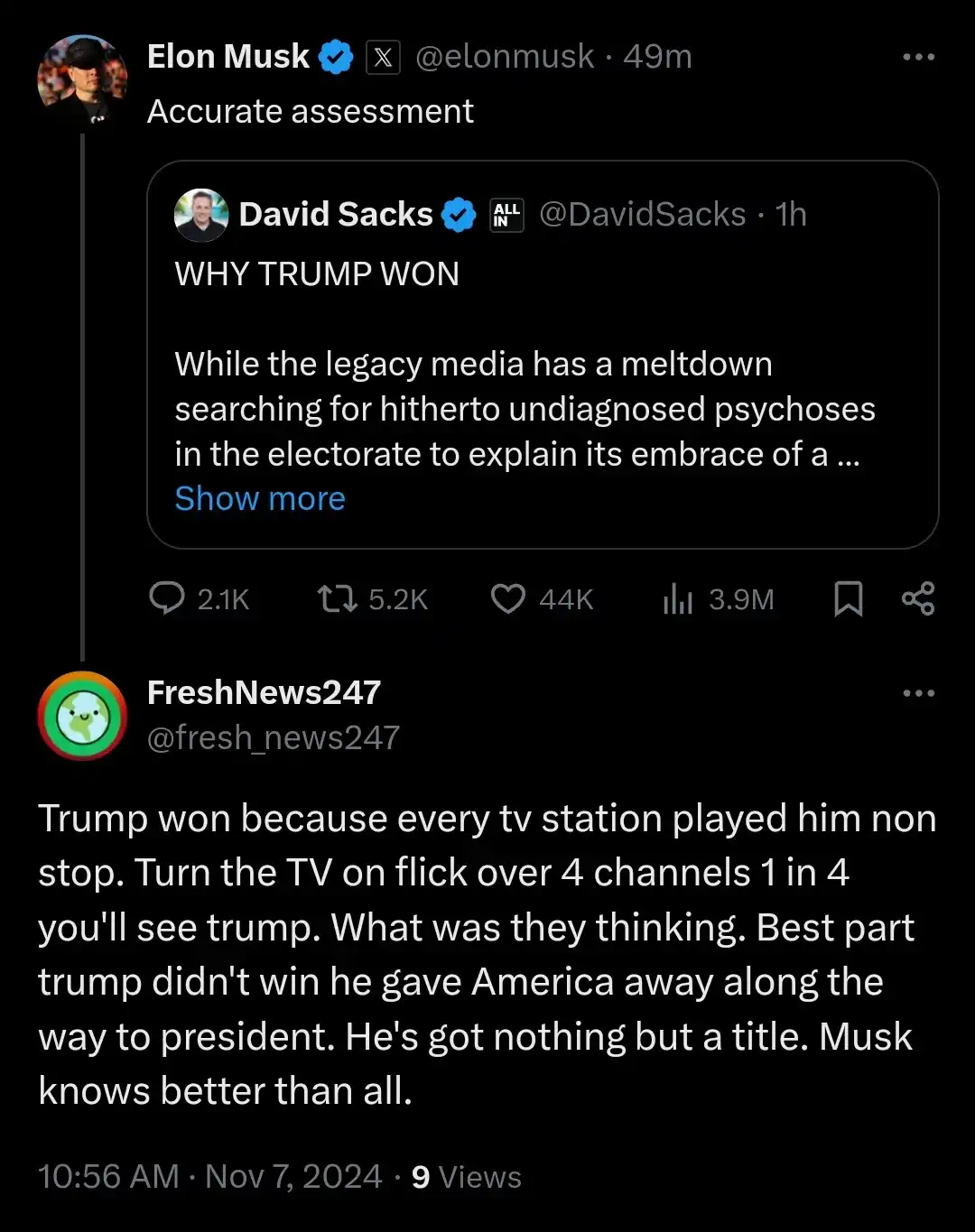 A screenshot of a Twitter thread showing Elon Musk replying to a tweet by David Sacks. David Sacks' tweet, titled 'WHY TRUMP…