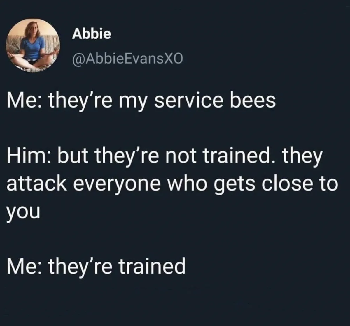 A dark-themed social media post by user Abbie (@AbbieEvansXO) displays a three-part dialogue. The first line reads 'Me…
