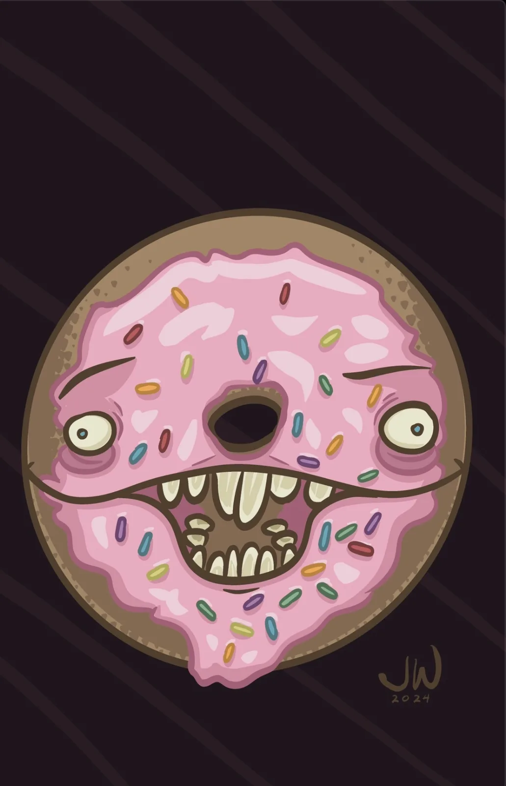 A cartoon-style pink-frosted donut with colorful sprinkles is depicted with a grotesque, monstrous face, featuring wide…