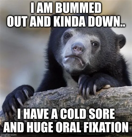 A close-up photo of a sad-looking black bear resting its paws on a tree branch, with white bold text overlaid in two…