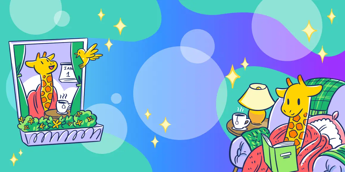 A cartoon giraffe is shown in two contrasting scenes: on the left, it's happily looking out a window on January 1st with a…
