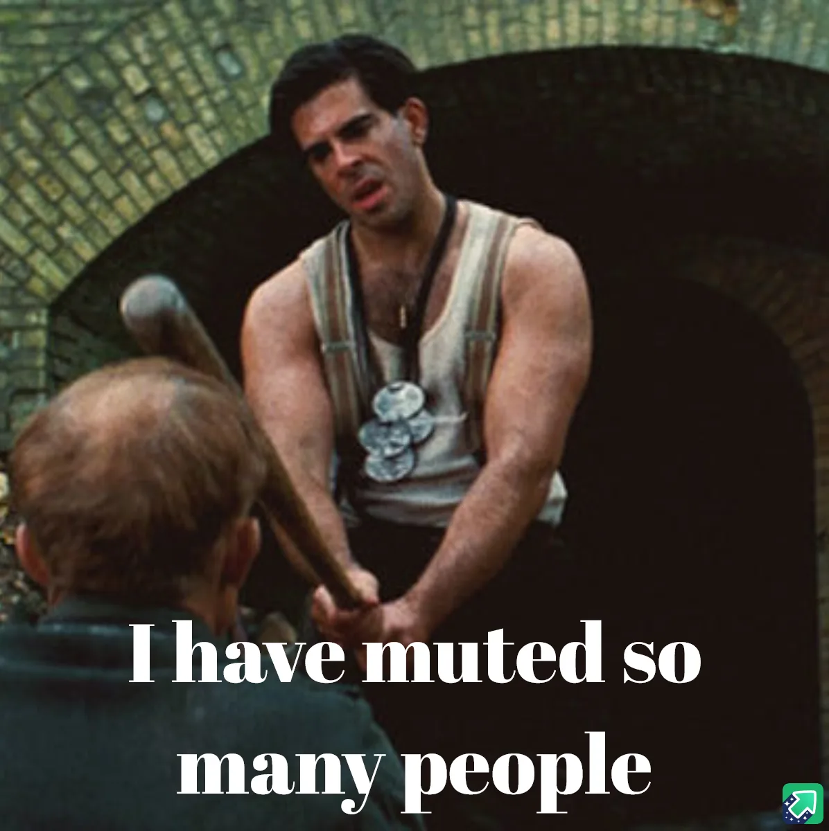 A muscular man in a striped tank top and suspenders, holding a baseball bat, stares intensely at another person whose back…