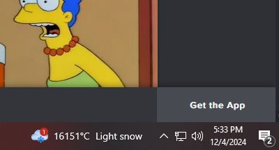 A screenshot of a computer's taskbar shows a weather notification indicating 16151°C light snow, juxtaposed with a cartoon…