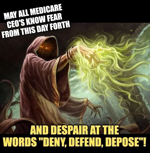 A dark-robed, hooded figure with glowing orange eyes channels a burst of green energy, resembling a sorcerer or demon. White…